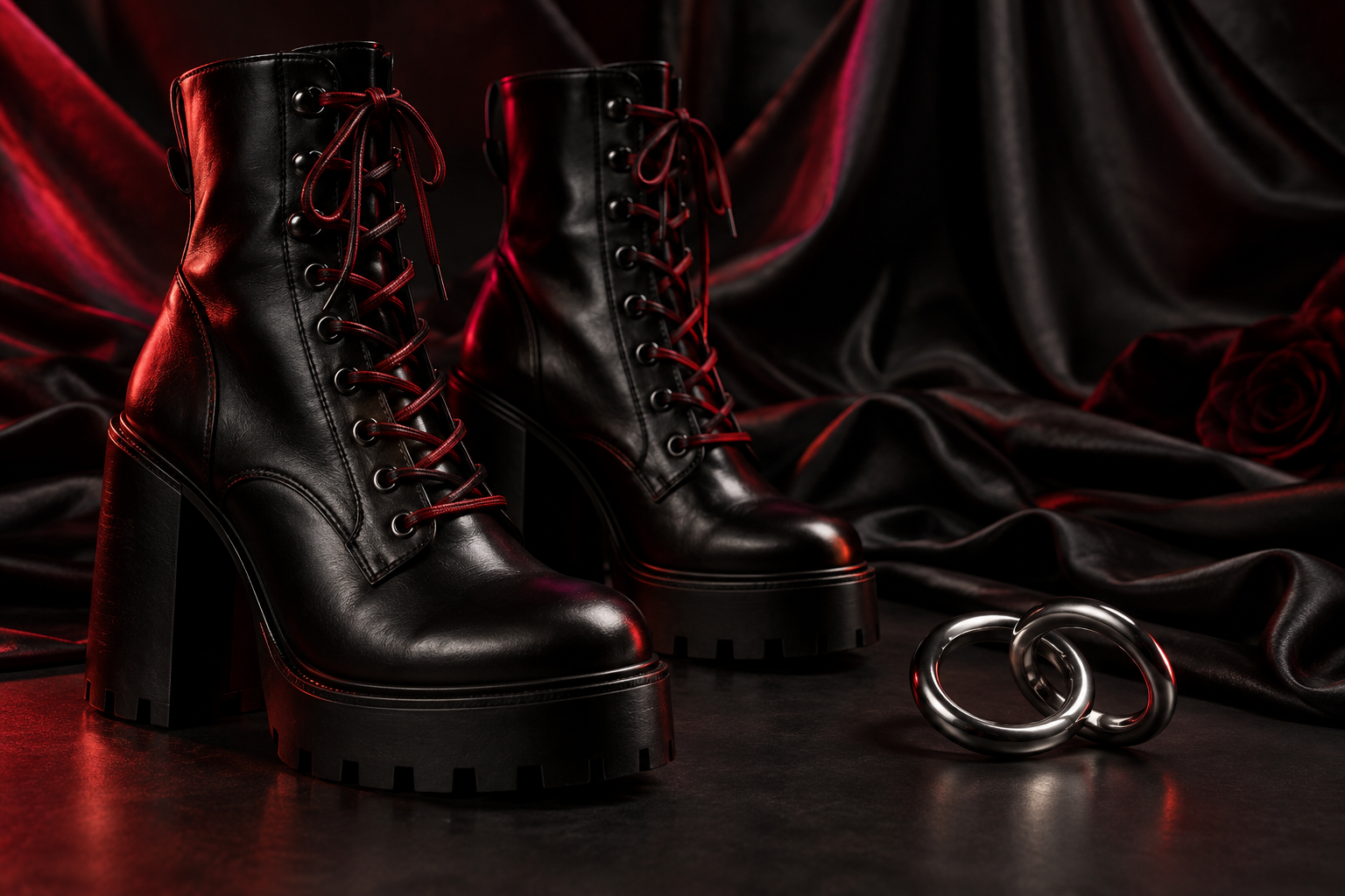 Black alternative-fashion boots and linked metal rings