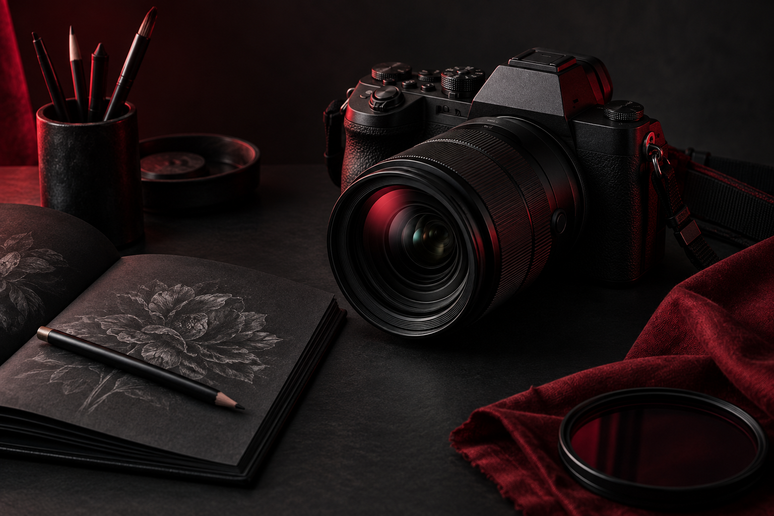 A camera and sketchbook in a dark creative studio