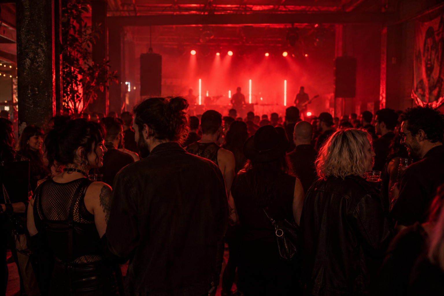 A crowd gathered at a red-lit independent event